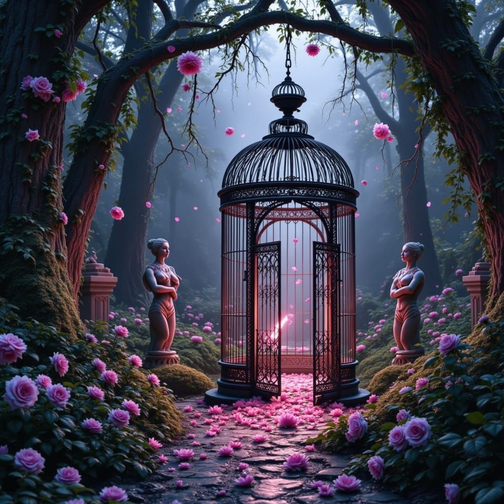 A forgotten, overgrown rose garden at twilight, with thorny vines twisting around ancient stone statues. ...  by @Susi