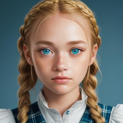 a Scandinavian young girl in golden french braids and with g...