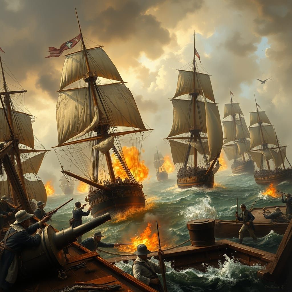 A naval battle of large sailing ships with cannons and sailors with sabres and muskets. Sails are torn, smoke and fire are everywhere. Detai...