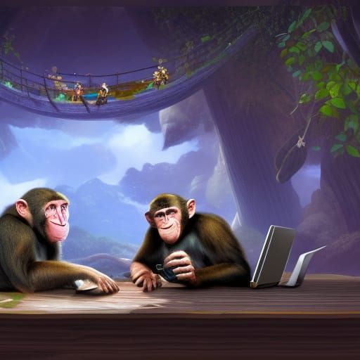 monkeys engaged in a virtual conference with laptops and han...