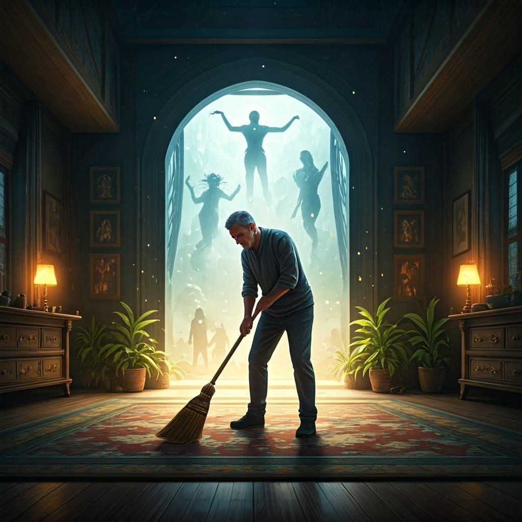 A Middle-Aged Man's Ritualistic Cleaning Process in a Harmon...