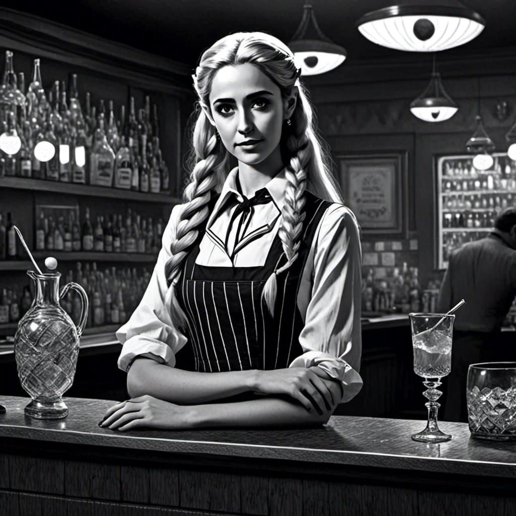 <lora:Teranie Whiterose:1.0> as a bartender in the show twilight zone
