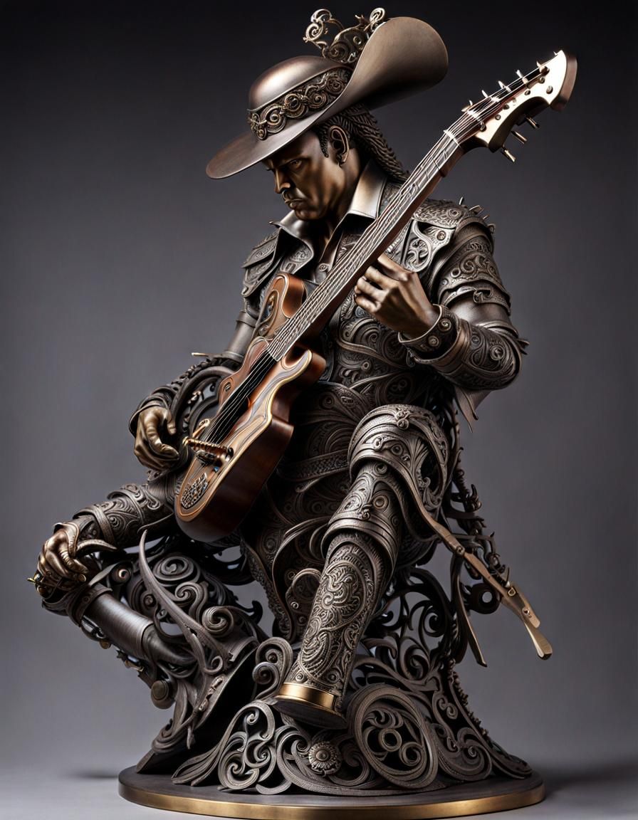 Hyperealistic Iron statue of a heavy metal musician , intricately ...