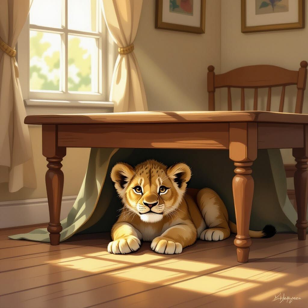 Lion Cub Hiding Under Table in Cozy Spring Home