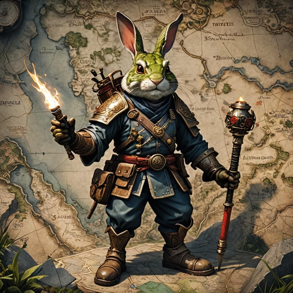 A video game rabbit character, wearing boots, full combat clothes, a map and a torch.  by @Dessa