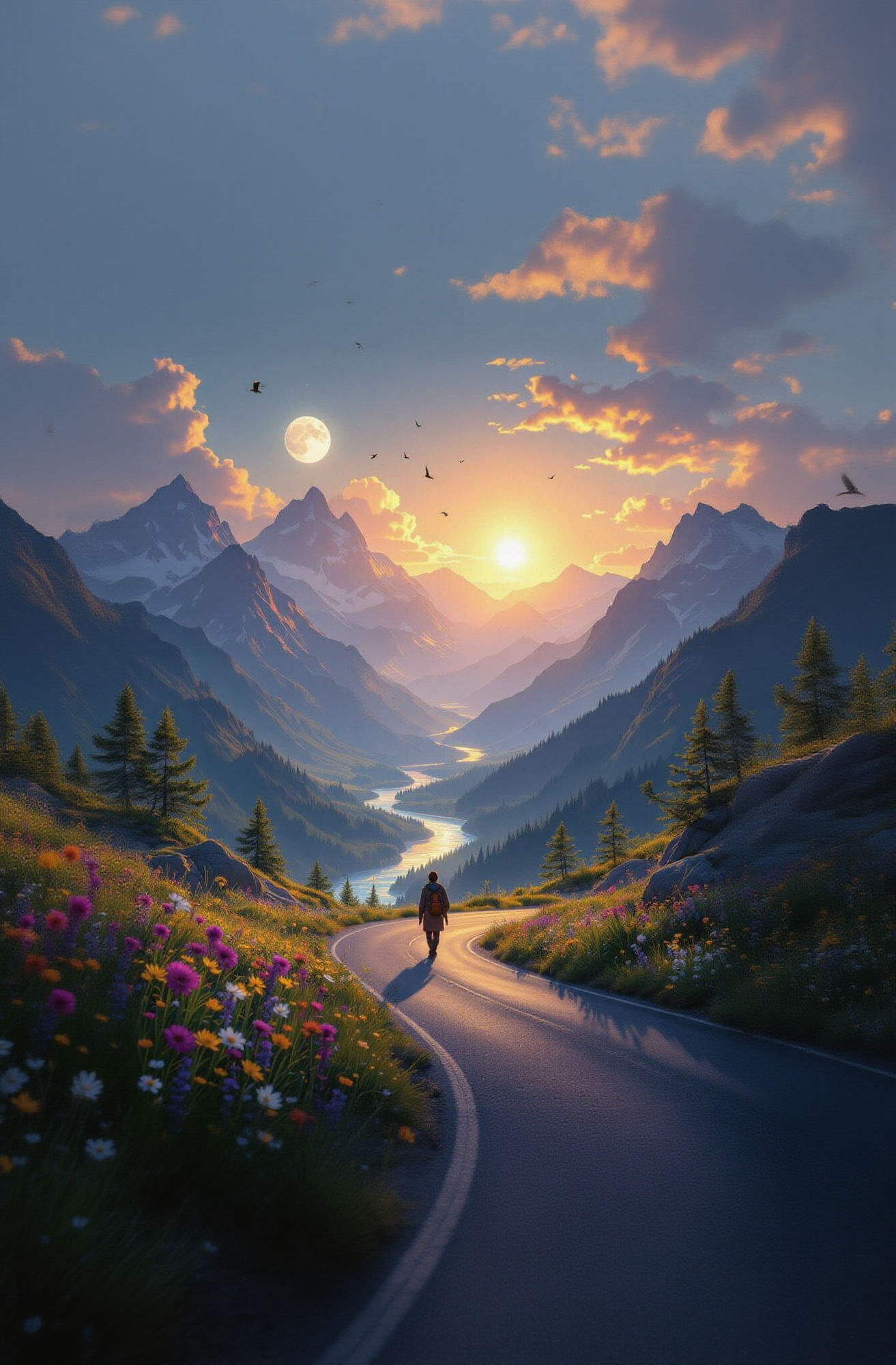 A breathtaking, cinematic landscape full of life and divine light.