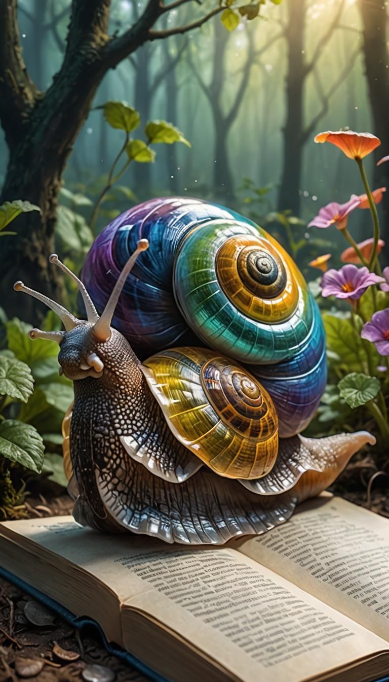 snail with three translucent colors reading a fantasy novel