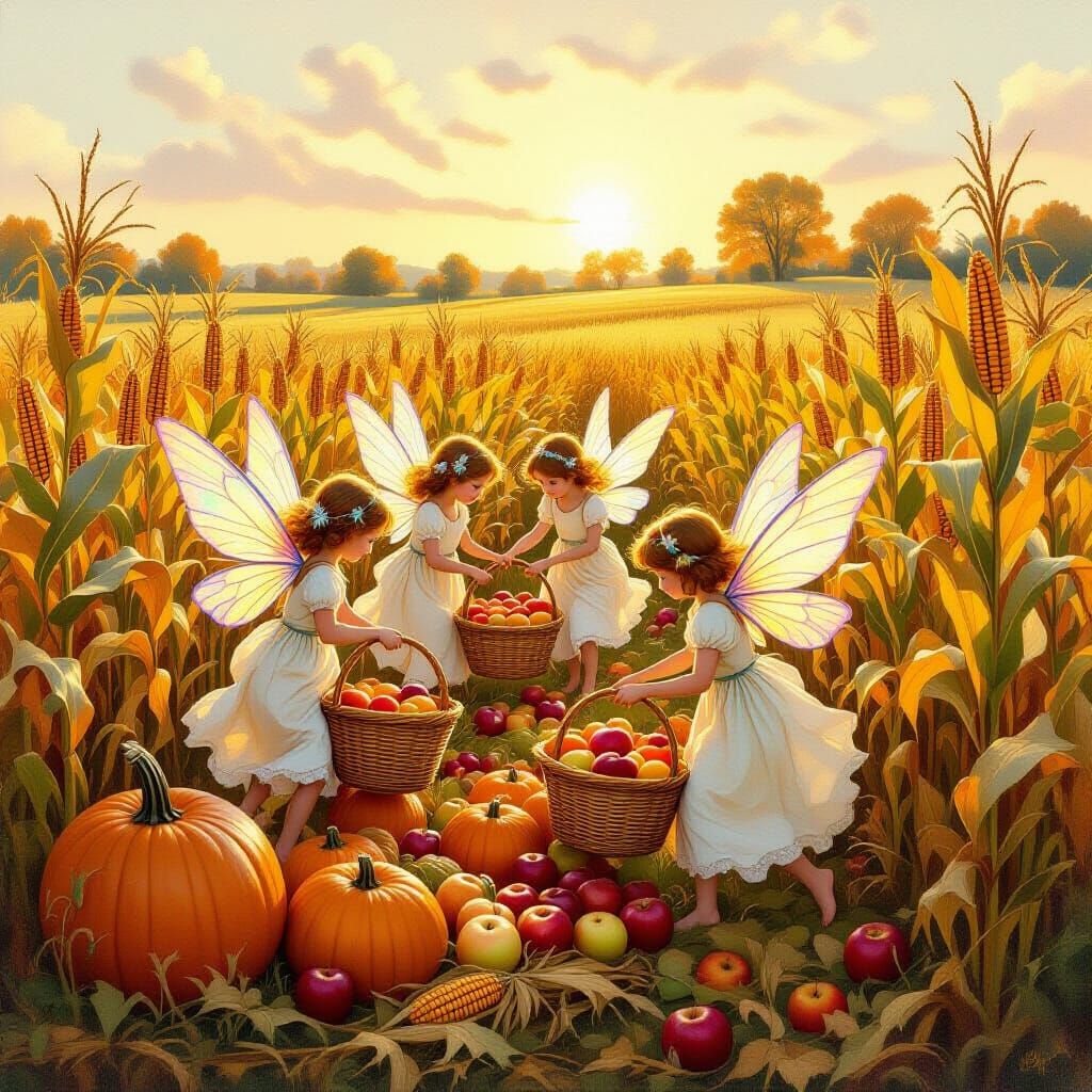 Autumn Harvest with fairies helping brining it in from the fields  by @Dragontinkerluv