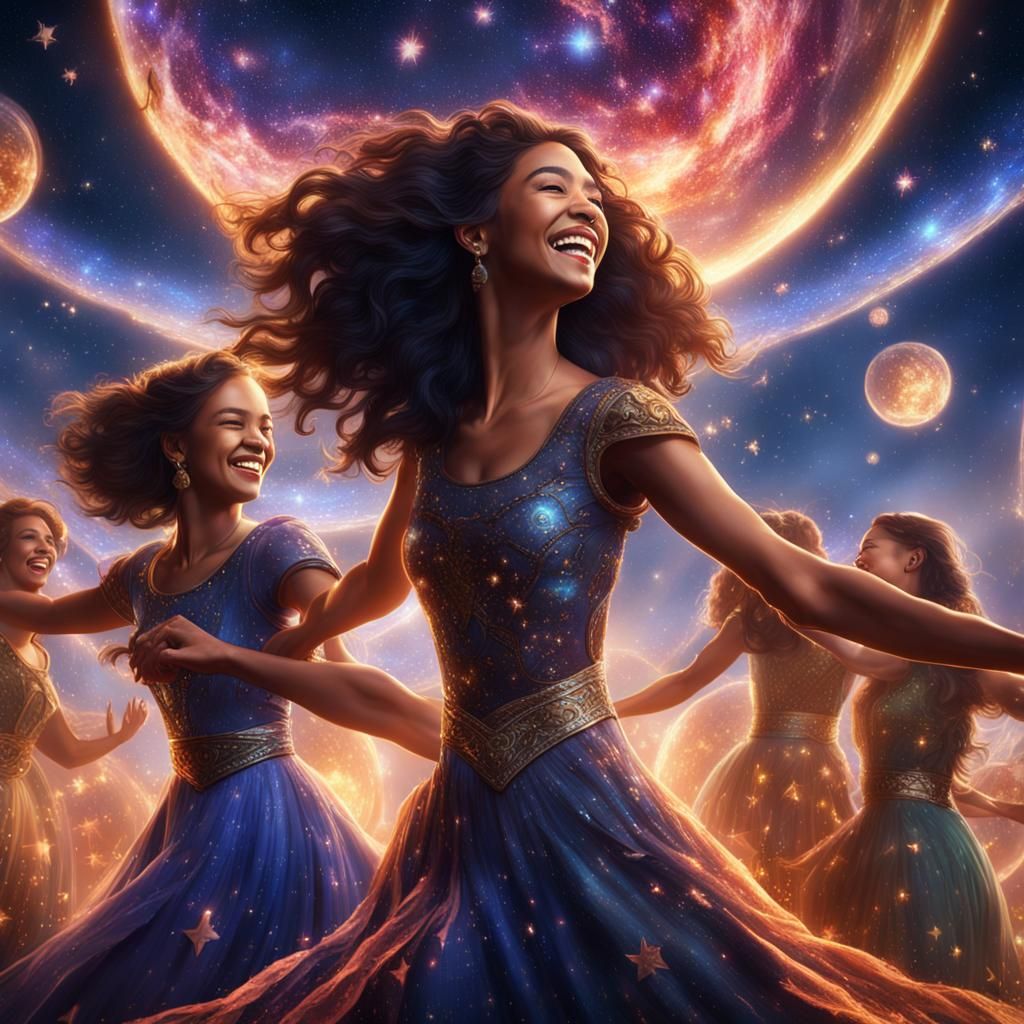 Happy women dancing amongst the stars, laughter