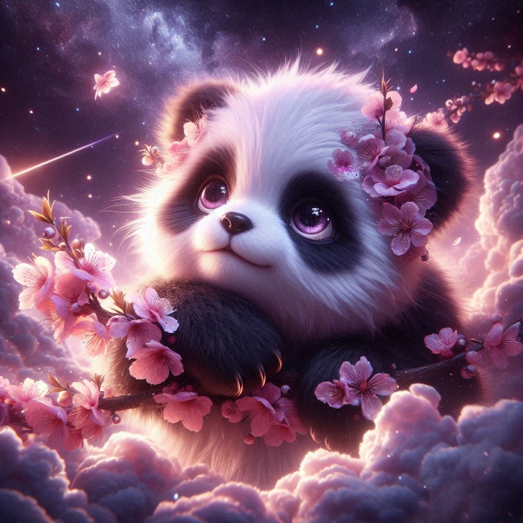 cherry blossom baby panda hybrid In Fantasy world at night looking at the stars, fluffy clouds, beautiful starry night, ...