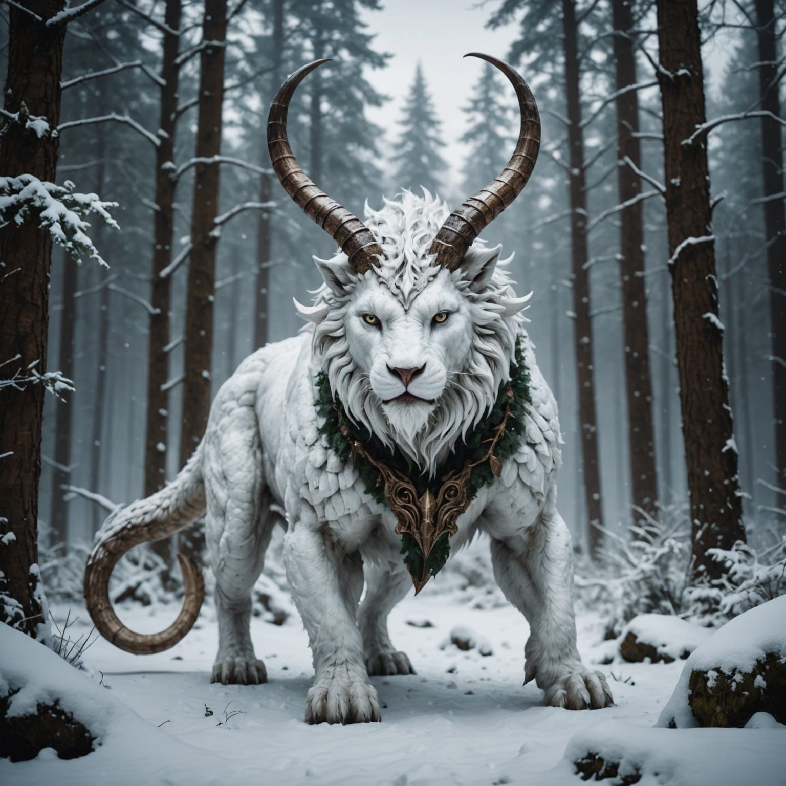 A majestic white chimera in a forest during snowy weather  by @BlueNinja