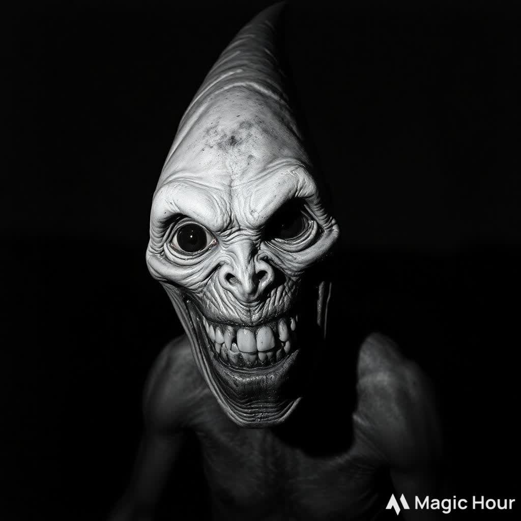 Terrifying realistic black and white horror art creation of a night terror hallucination monster evilly looking at the v...