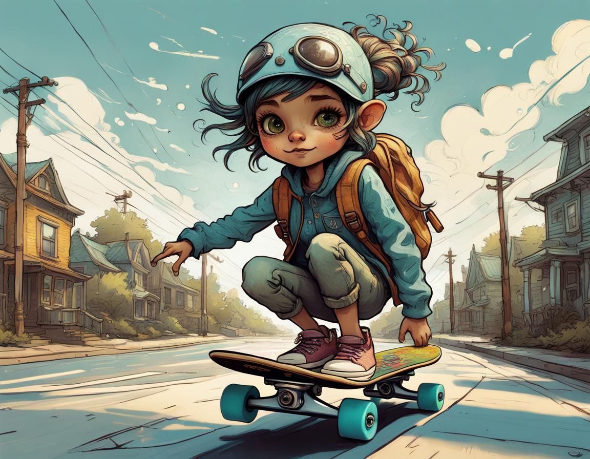 Pixie going to school on a skaterboard