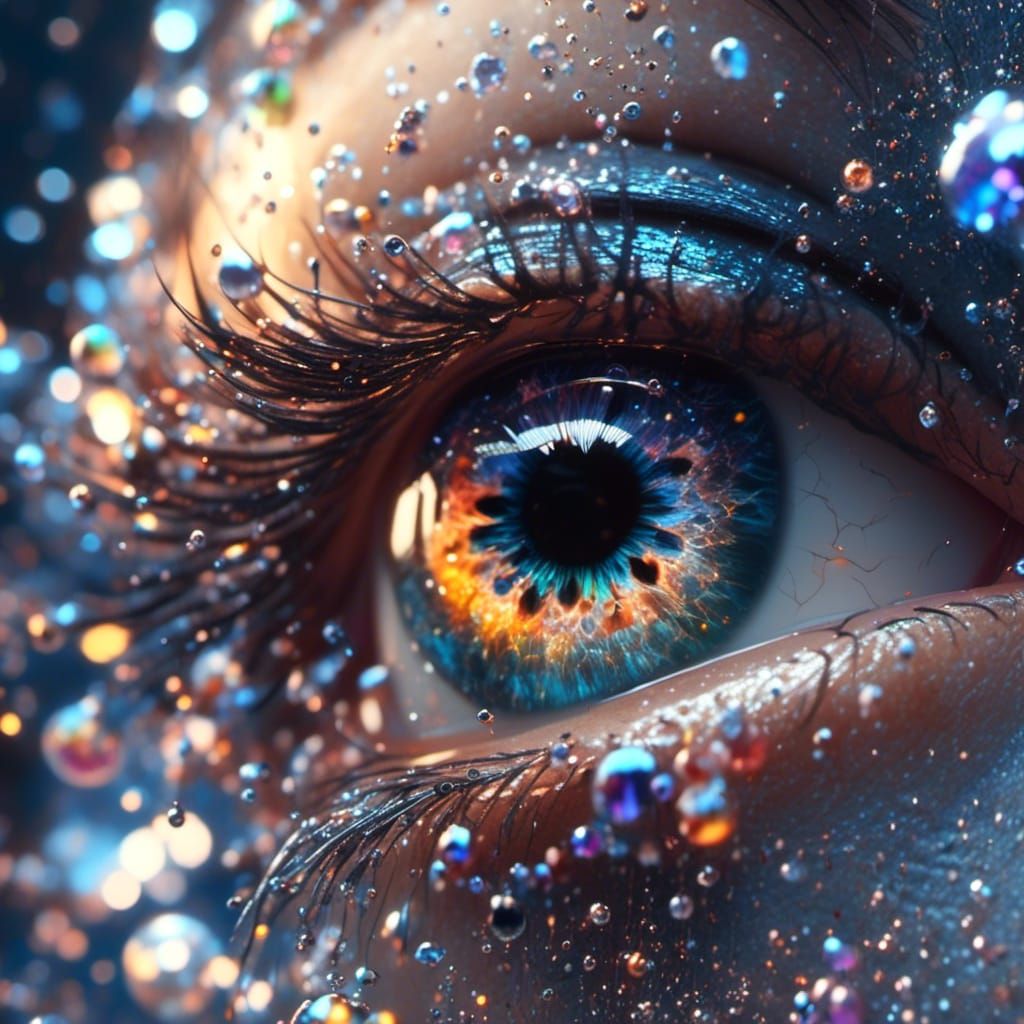  <lora:3d Chibi Imagination:1.0> beautiful oil artwork of an eye with reflection of a girl with sparkles and colors 
