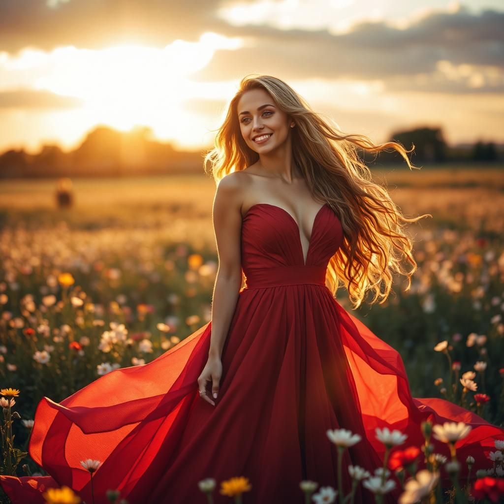 Radiant Woman in Sunset Meadow