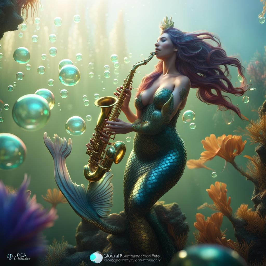 GLOBAL ILLUMINATION, BEAUTIFUL MERMAID PLAYS SAXAPHONE,FLORA & FAUNA & OPALESCENT BUBBLES IN BACKGROUND, CAUSTICS, 8K,OC...