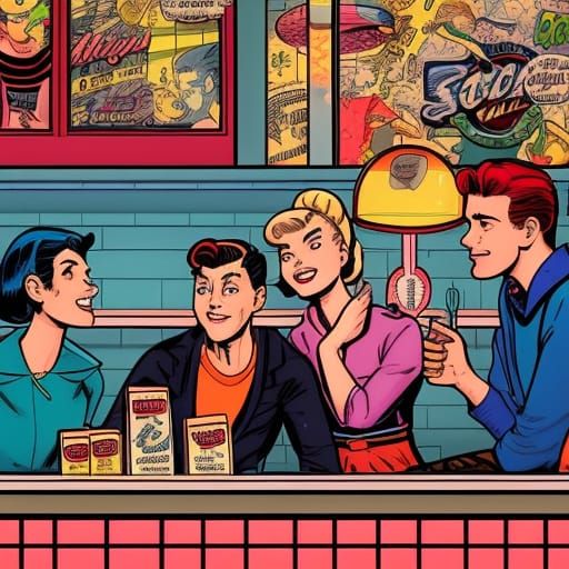 Archie, Veronica, Betty & Jughead at the Soda Counter. Era 1950 undefined