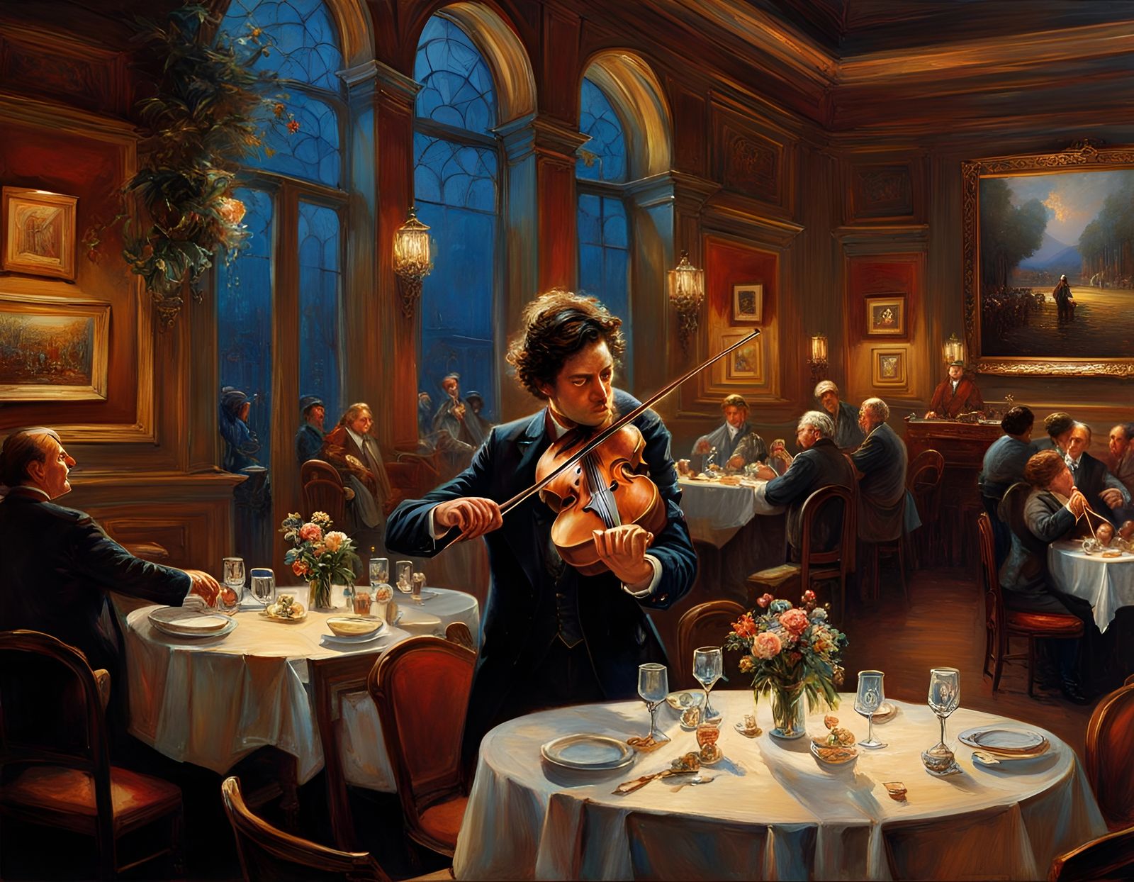 Pierre , standing violinist, played the violin, restaurant, table