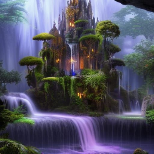 A Very Detailed Stunningly Beautiful Magical Waterfall Garden With A 