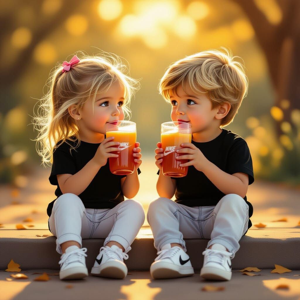 Children in Golden Hour Light Drinking Juice