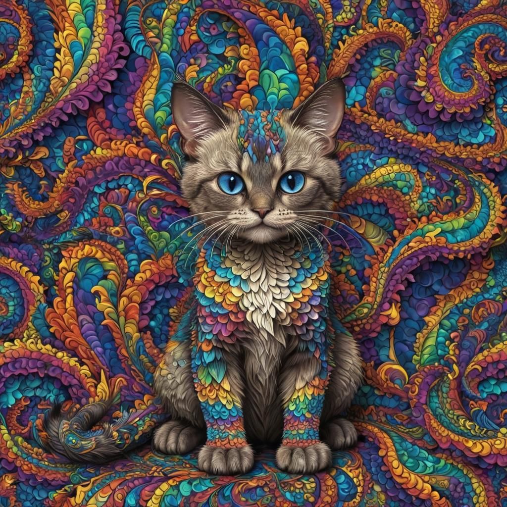 Siamese dragon cat with furry scales the colour of the rainb...