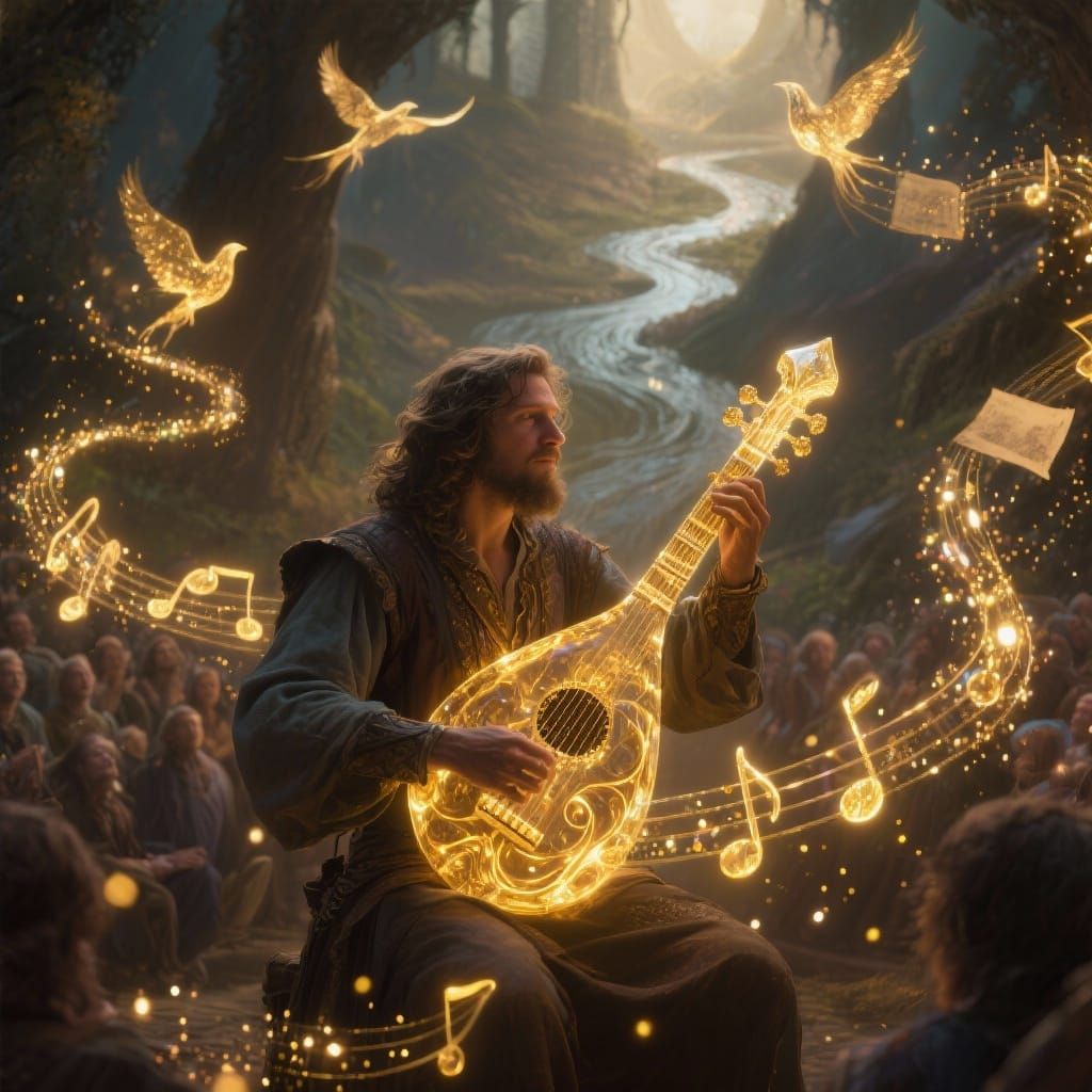 Slow cinematic dolly-in on a bard strumming a glowing crystal lute. Each note releases shimmering gold light that forms ...