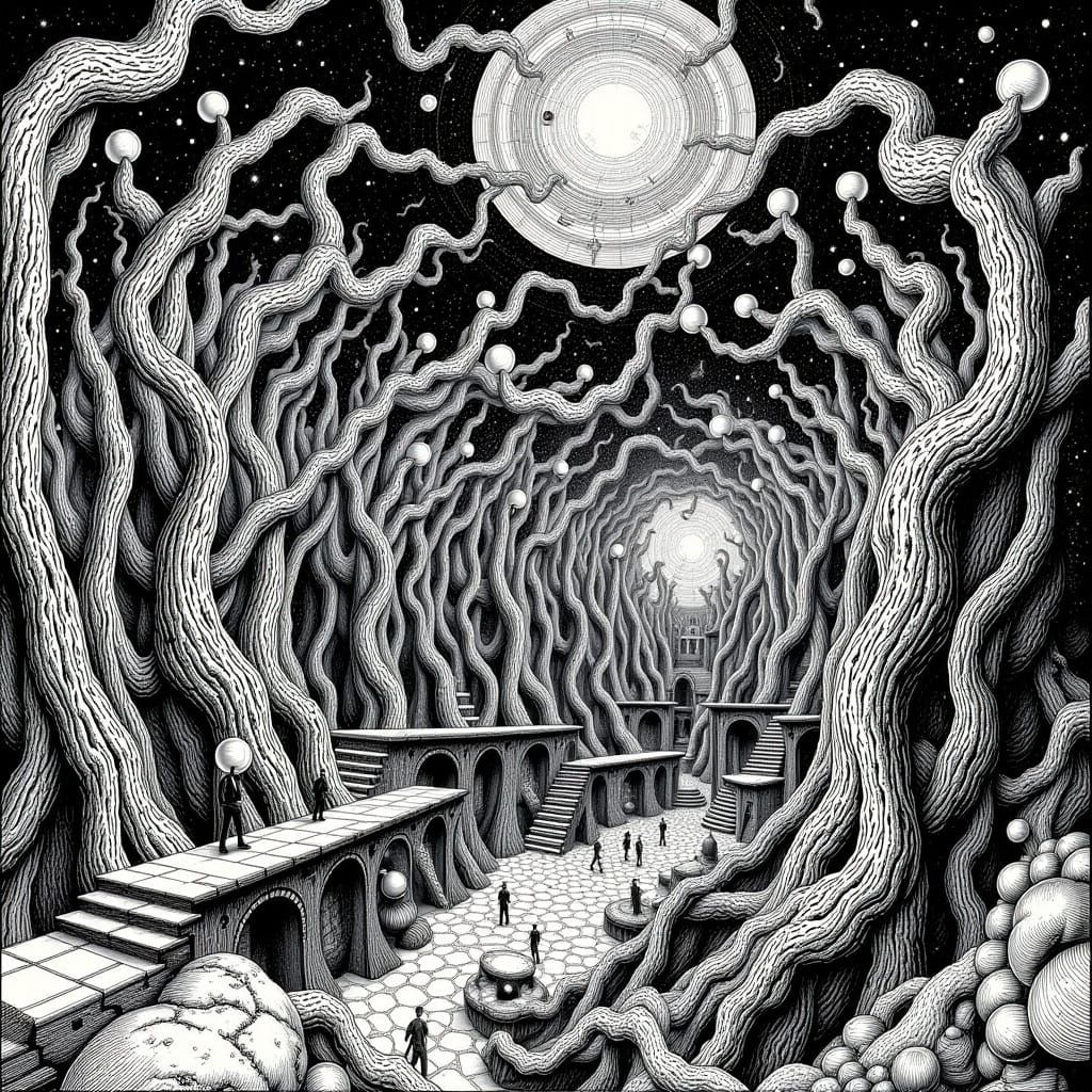  <lora:Poe Escher:1.0>the huge text "Poe Escher" appearing in the background: