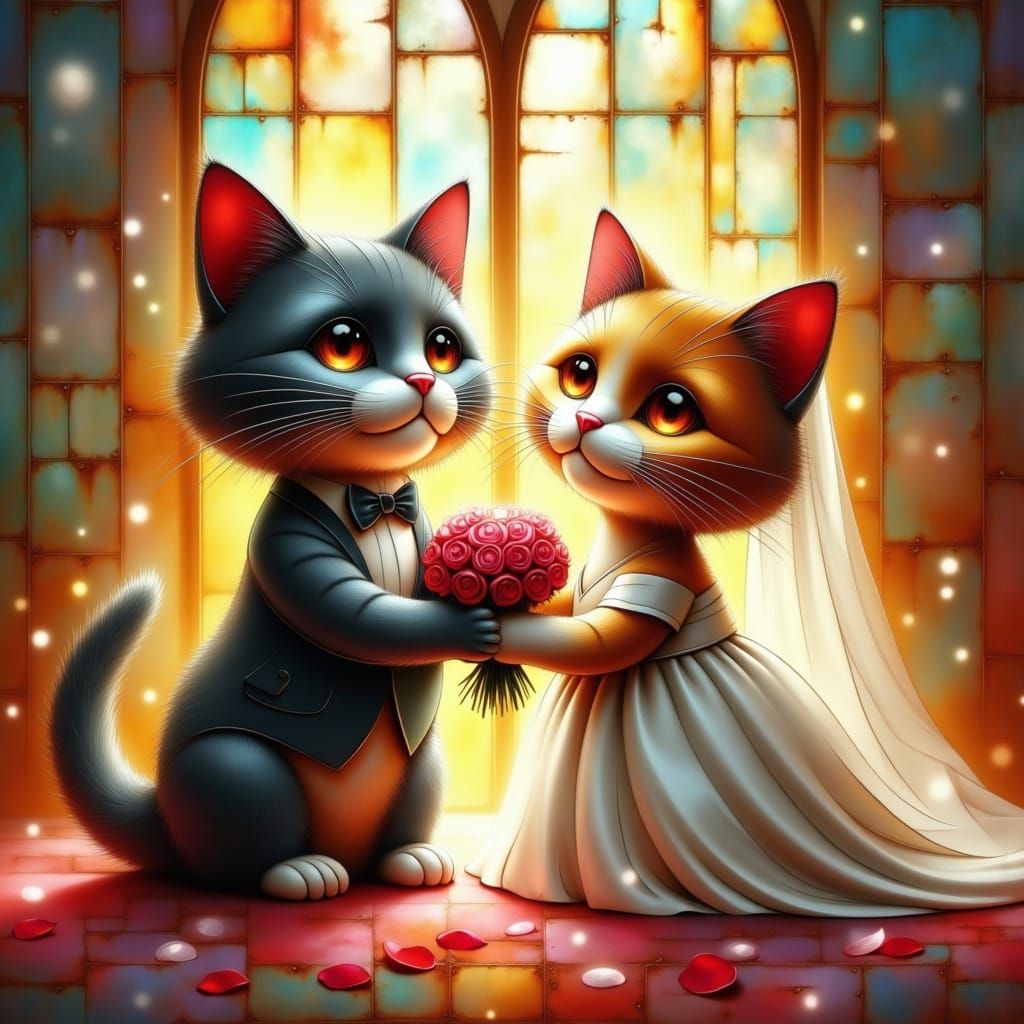 Chibi cat in a tuxedo and a chibi cat in a wedding dress and holding a bouquet of roses.  Chapel with beautiful stained glass windows.  Wedd...