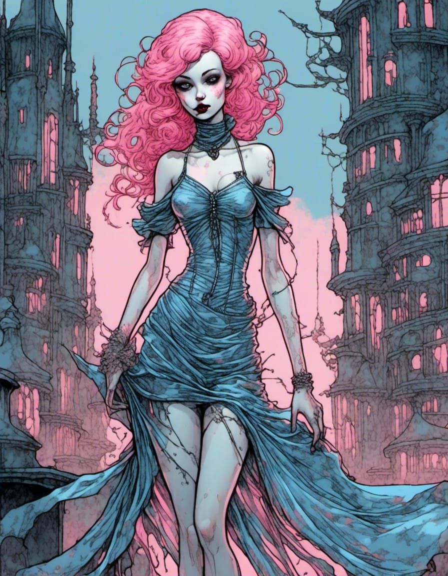 A neon pink haired pale blue fairy vampire