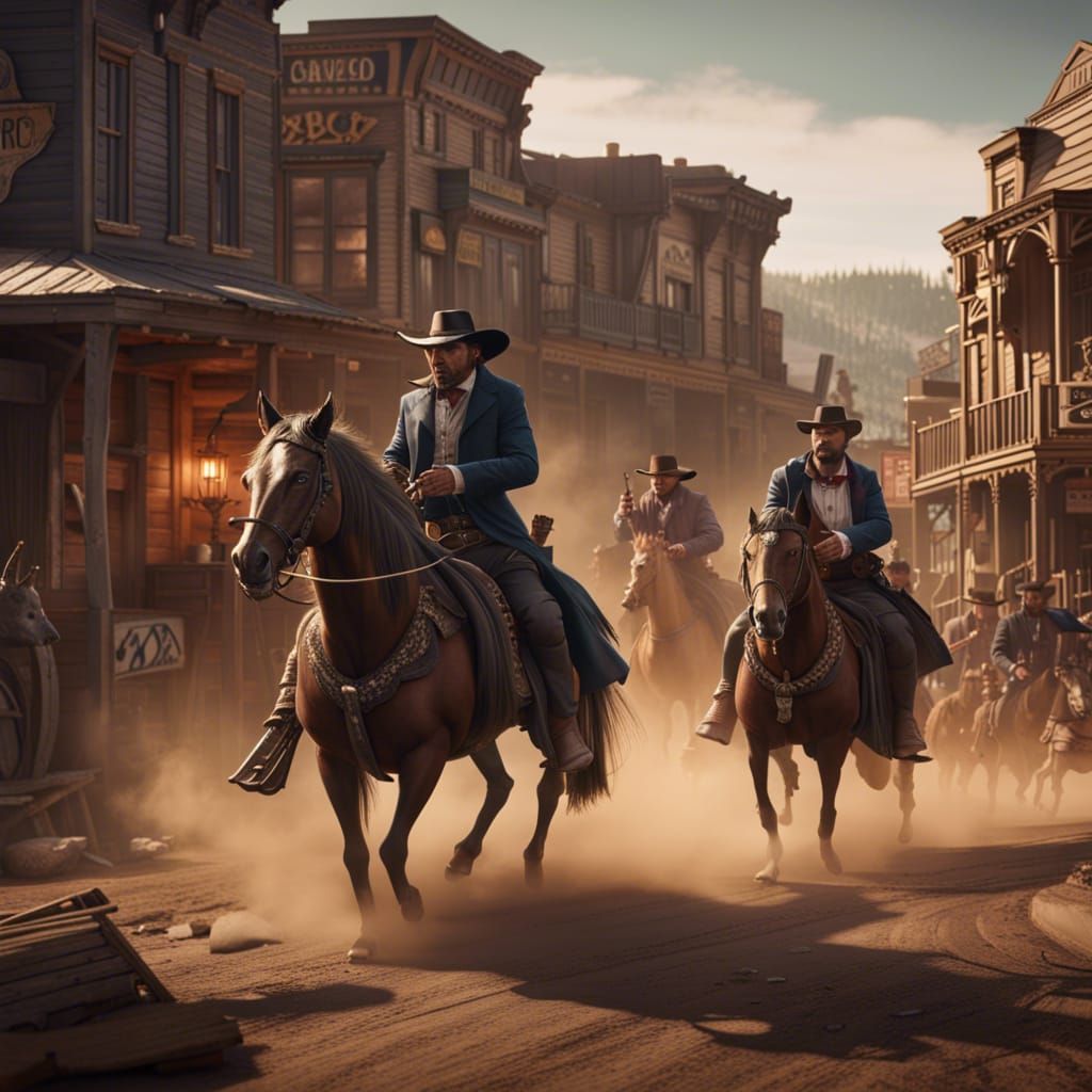 Wild West, Deadwood, Cowboys Riding Into Town, 4k - Ai Generated 