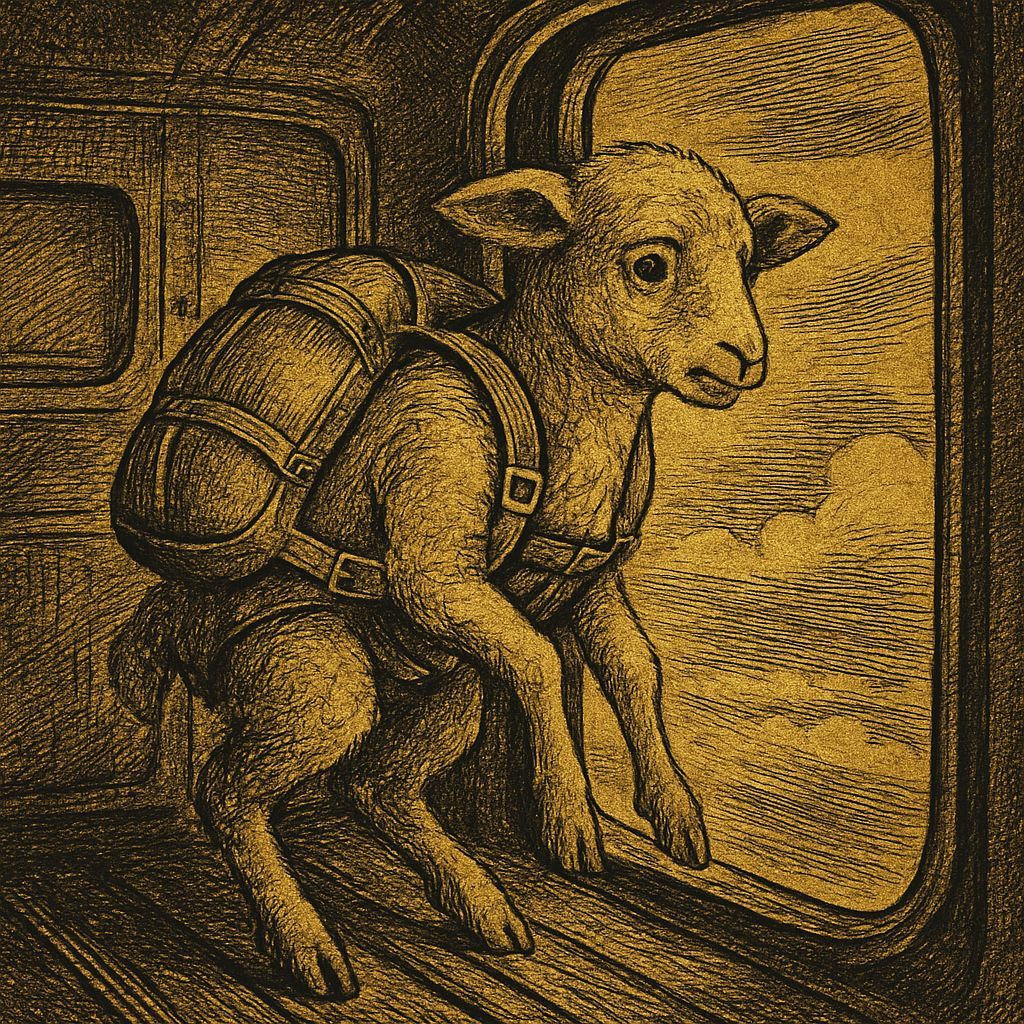 Lamb Parachuting: Gold and Black Ink Illustration