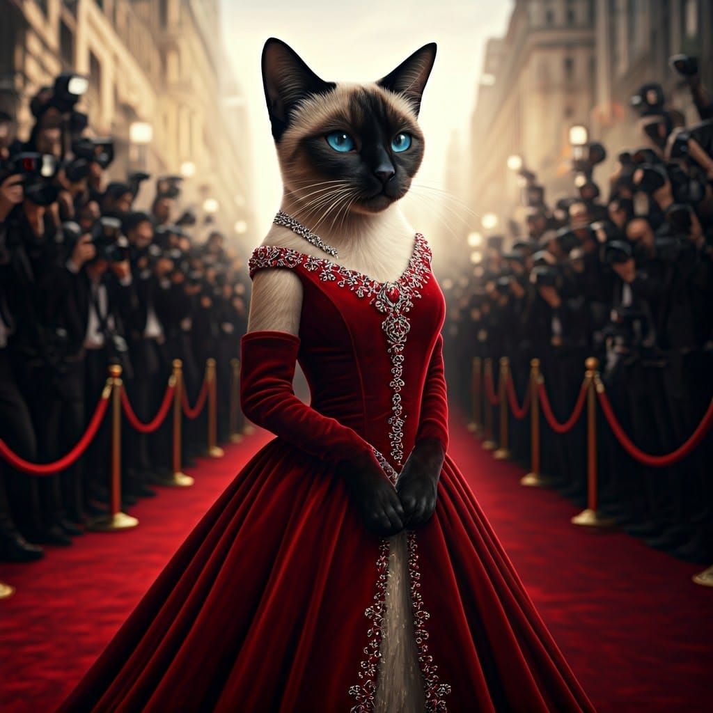 Glamorous Siamese cat in a red velvet dress on a Hollywood red carpet  by @Alison