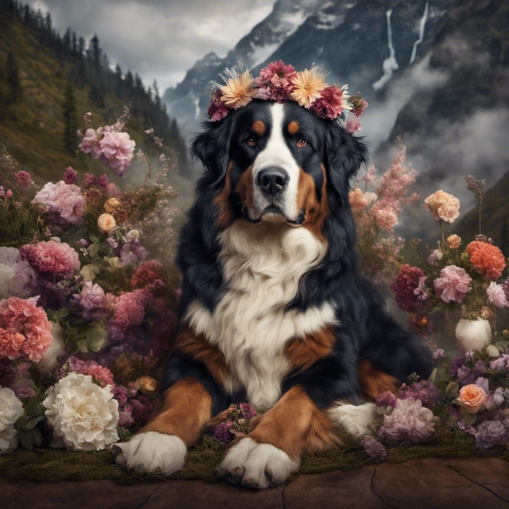 Bernese mountain dog on a bear skin rug wearing a flower tiara   by @Mizonious