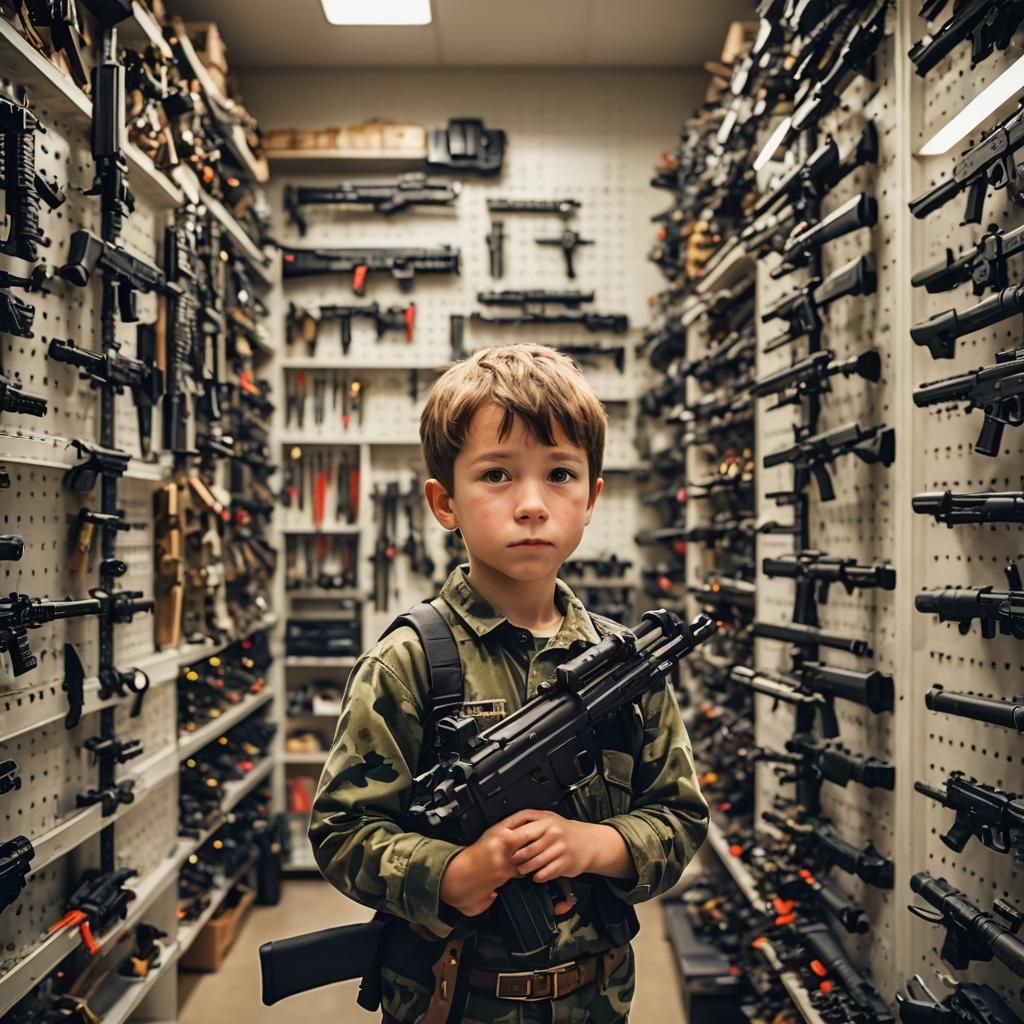 Little boy, in a weapon room
