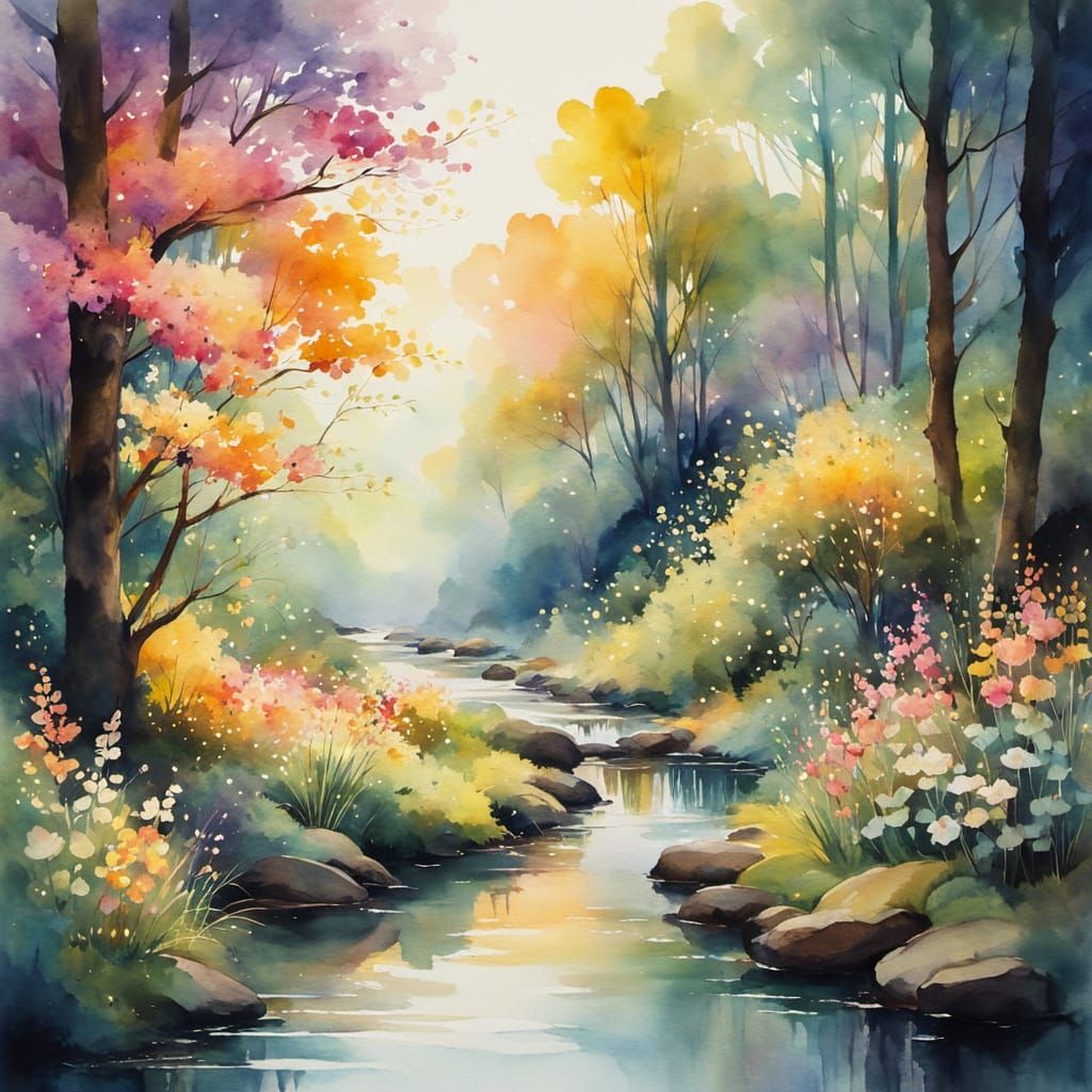 Enchanting Woodland Brook in Watercolour