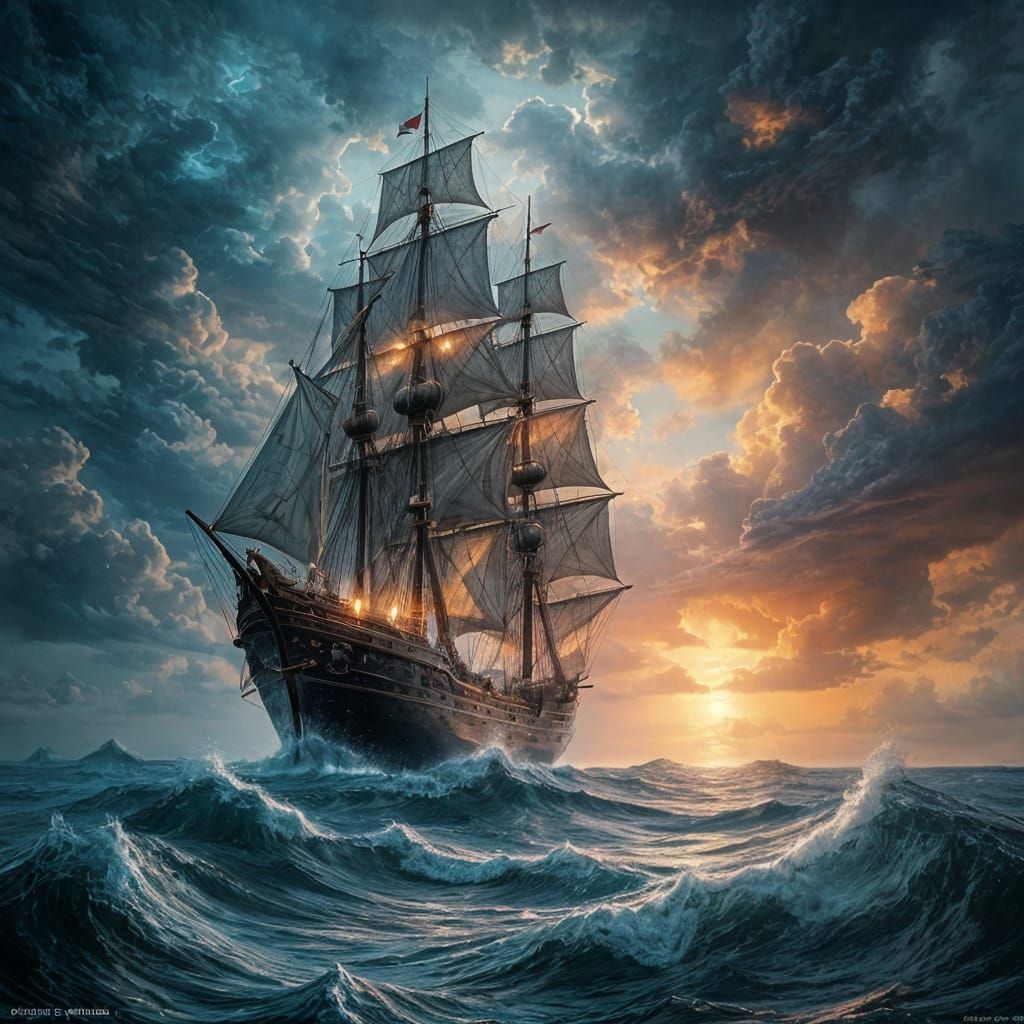 17th Century Ship Battles Storm with Fiery Sunset