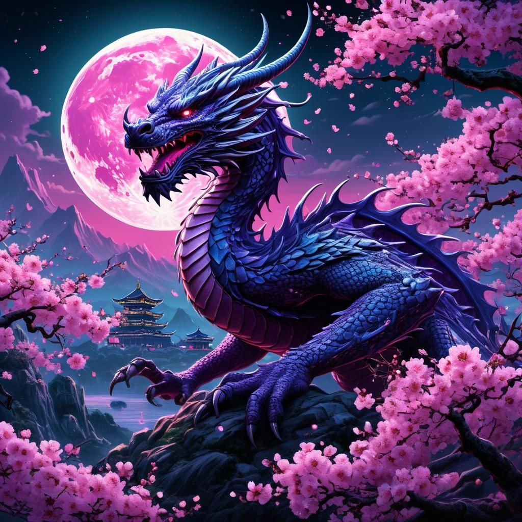 A Purple Giant Asian Style Dragon Surrounded by Cherry Pink Blossoms At Night During Full Moon Epic cinematic ...  by @Ringking 1978
