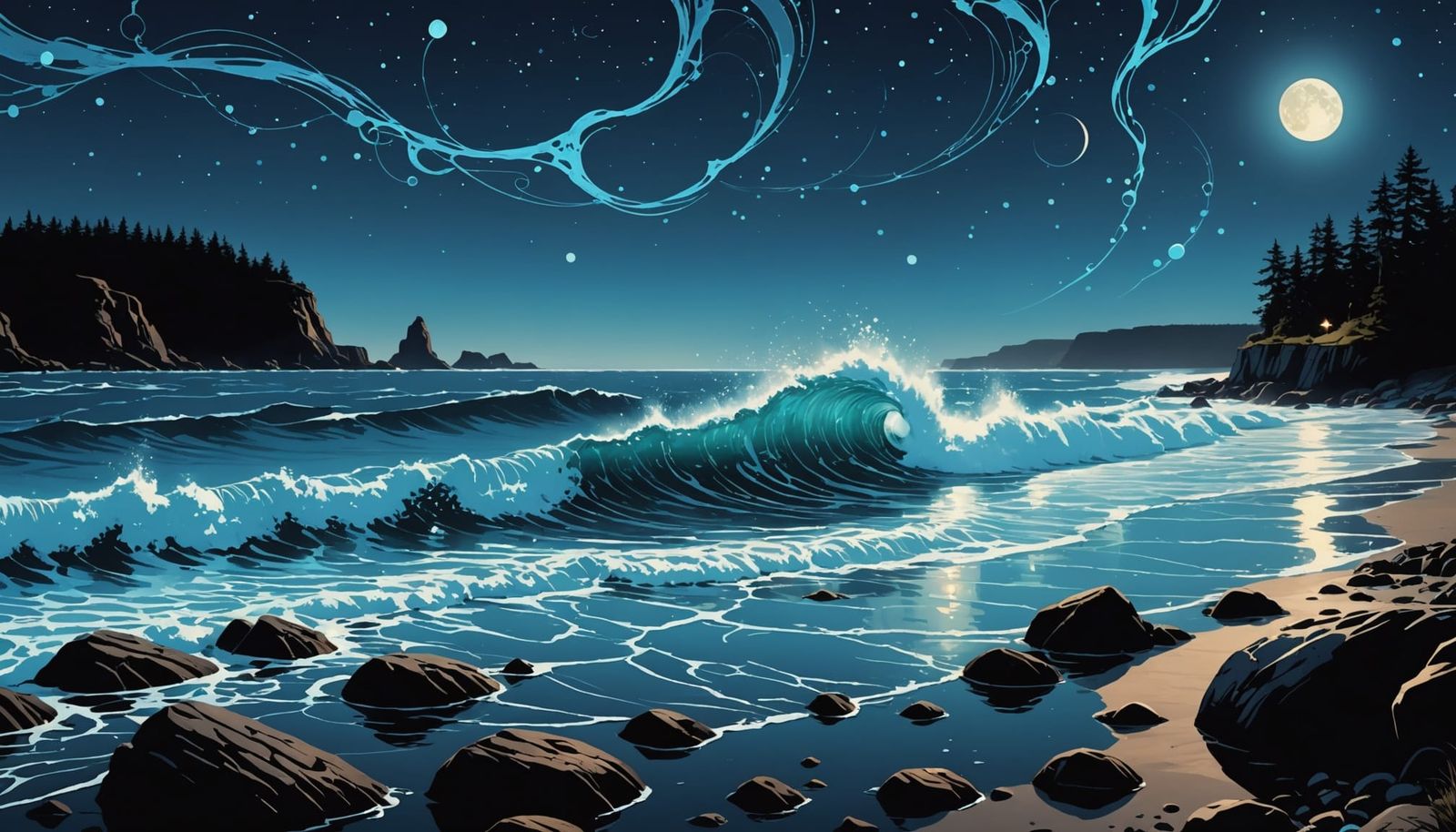 Bioluminescent waves crash against a rocky shoreline, illuminating the night with an ethereal blue glow, ...  by @Mr Classics