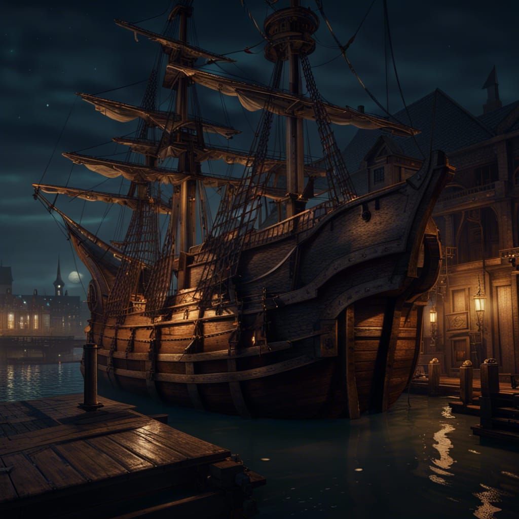 A brig on the docks at night in the 18th century.