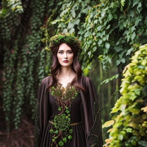 Beautiful Celtic Priestess Dressed In Green Velvet Dress In A Mystical