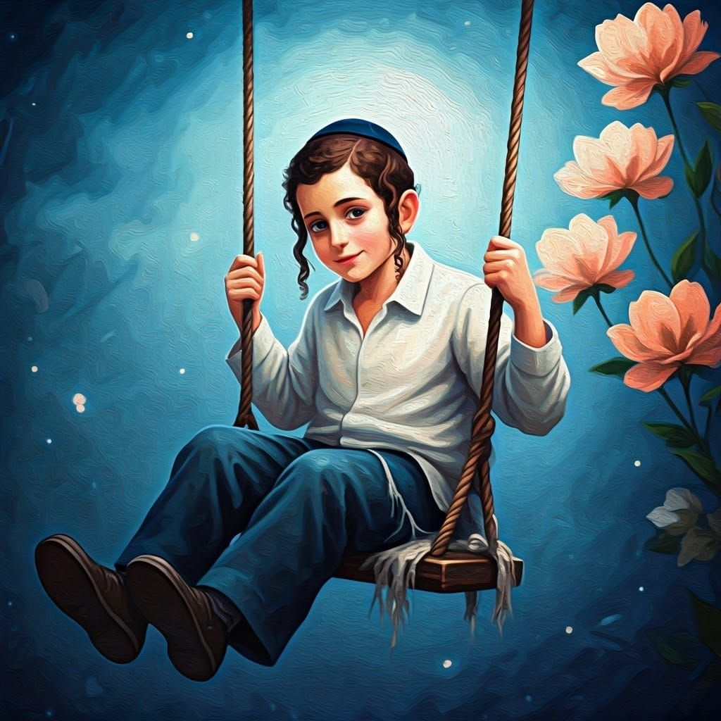 Jewish Boy Swinging, Neo-Impressionist Acrylic Painting