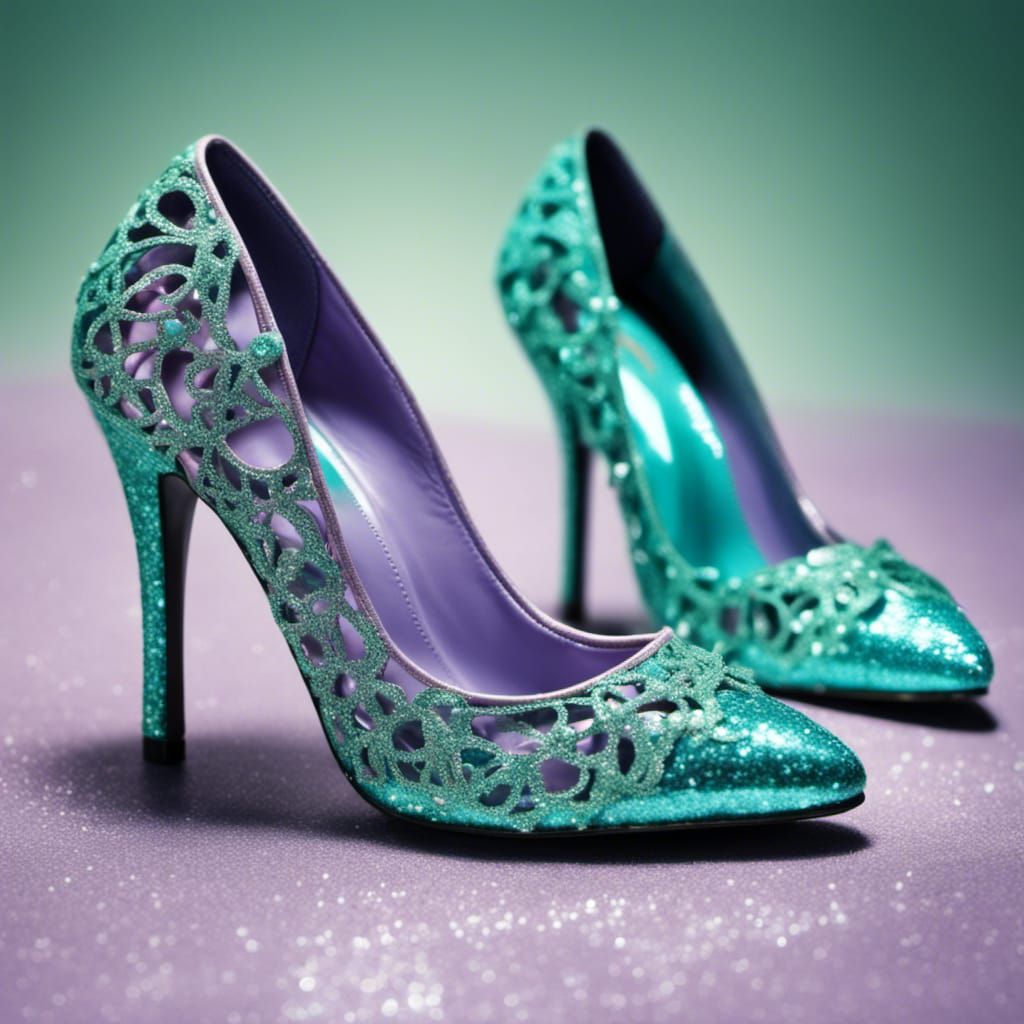 shiny glittered high-heeled women's shoes covered with turqu...