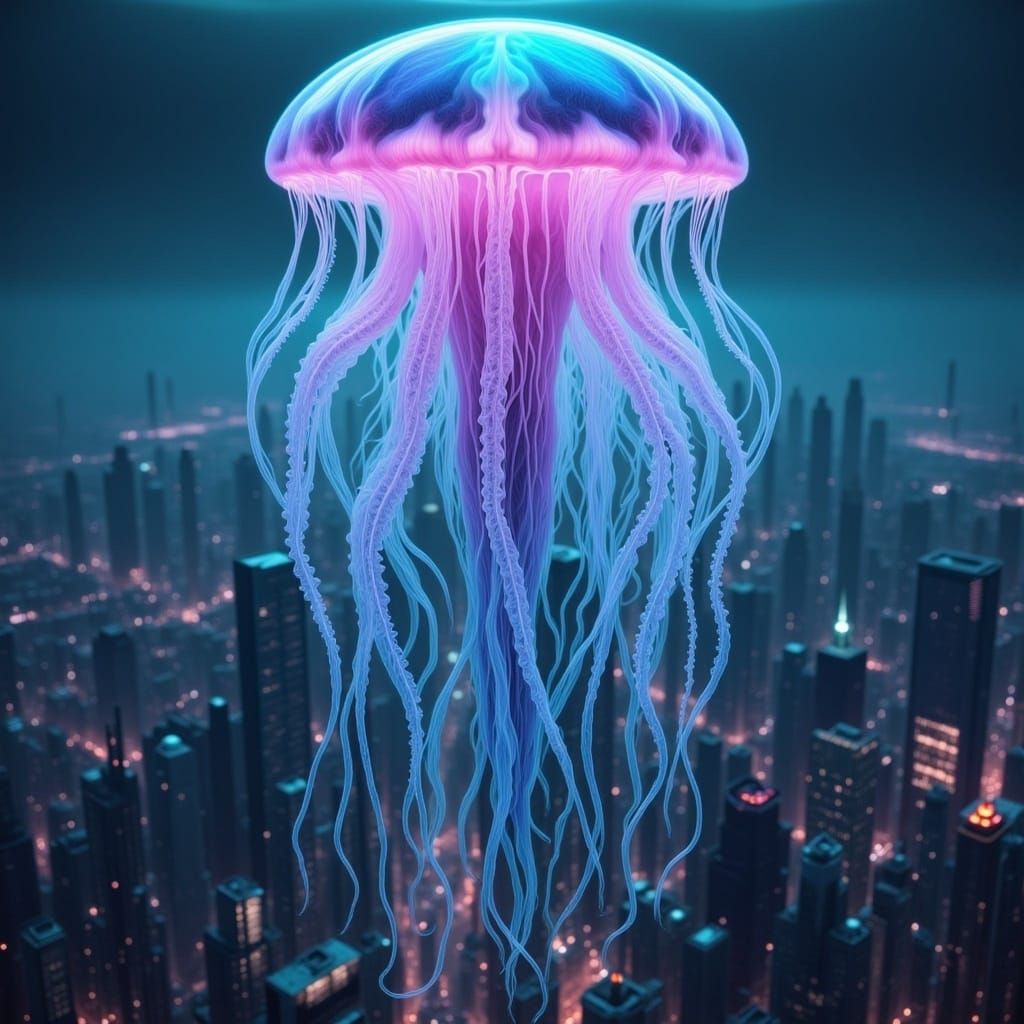 giant Transparent jellyfish alien flying over skyscrpaers <lora:Jellyfish Alien V1:1.0> 