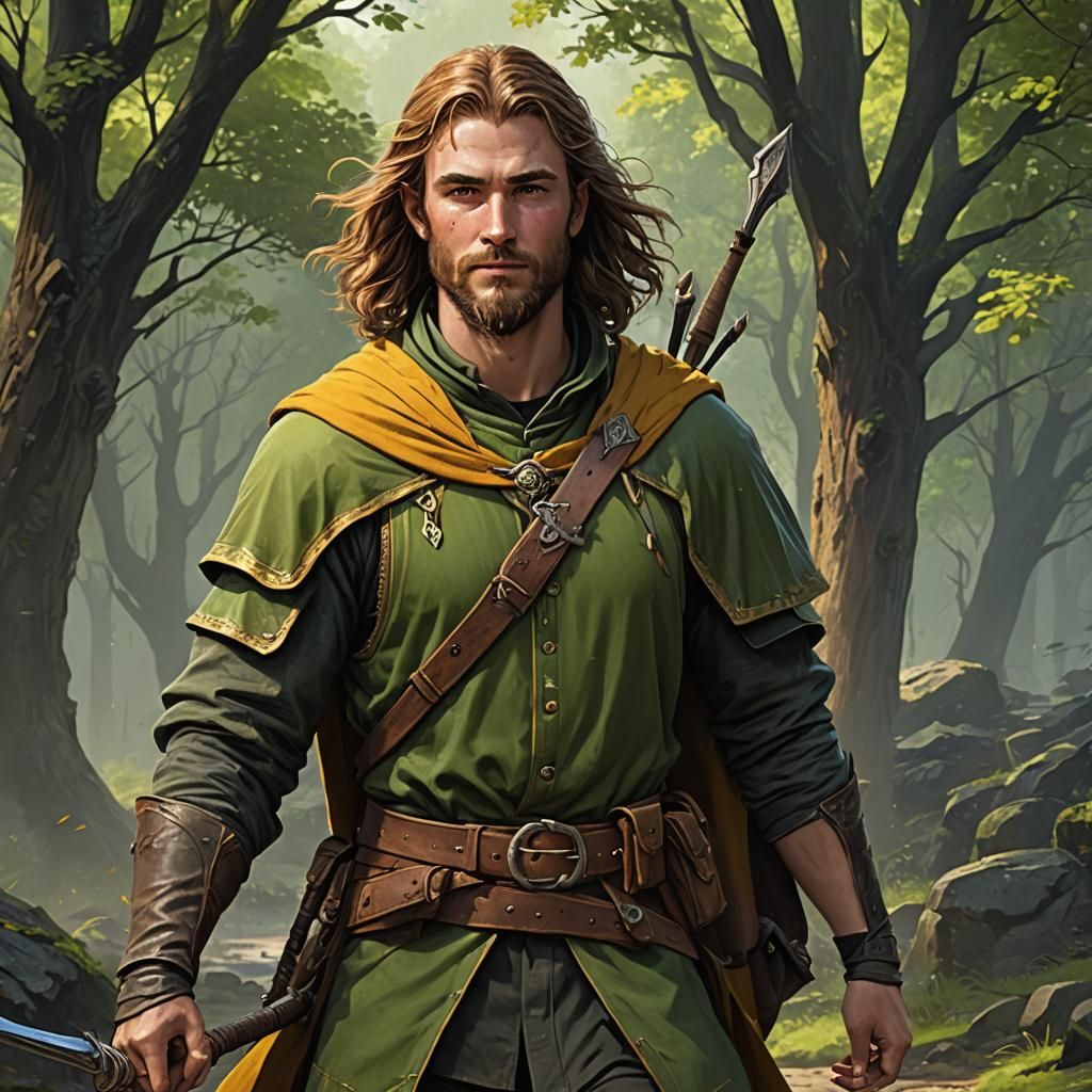 Teenage irish male ranger, green tunic, saffron cloak, green...