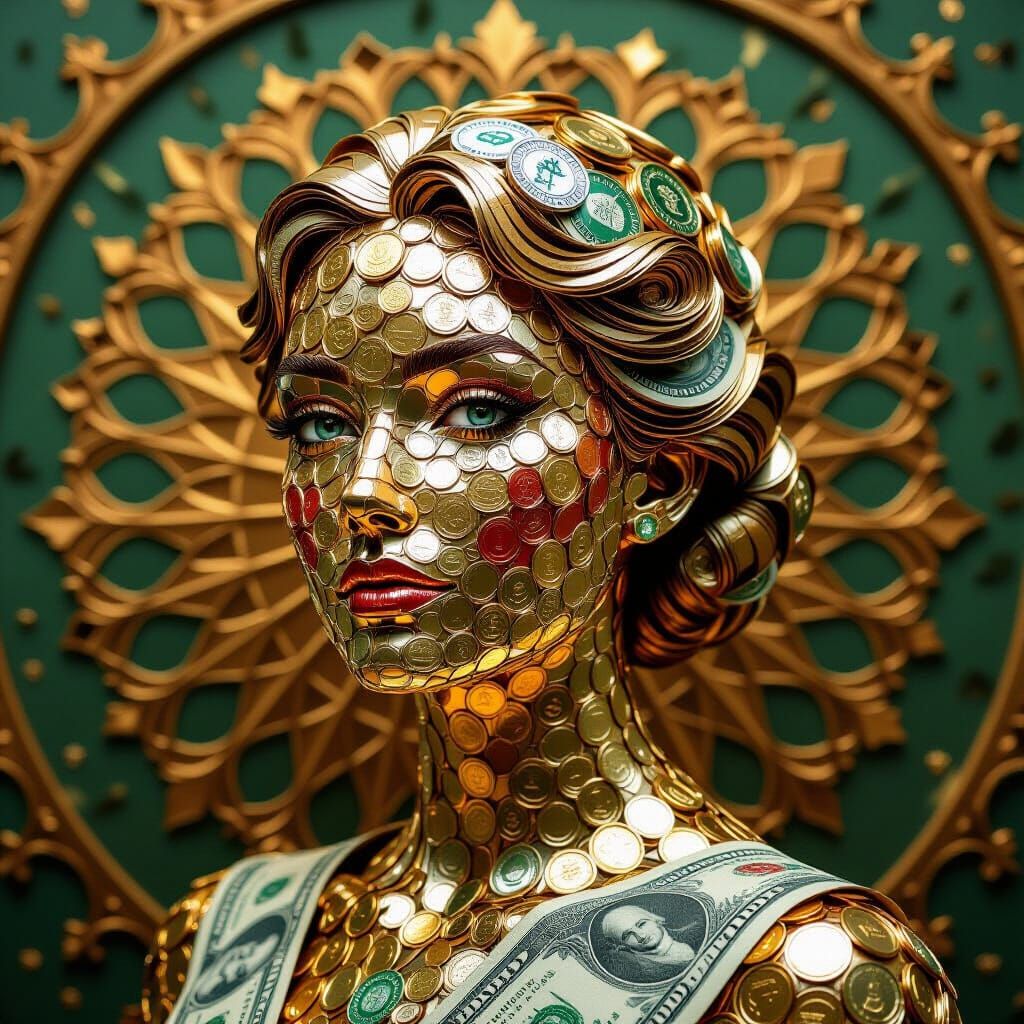 A hyper-detailed portrait of a woman’s face, created entirely from overlapping coins and layered bills, ...  by @KimmyKim