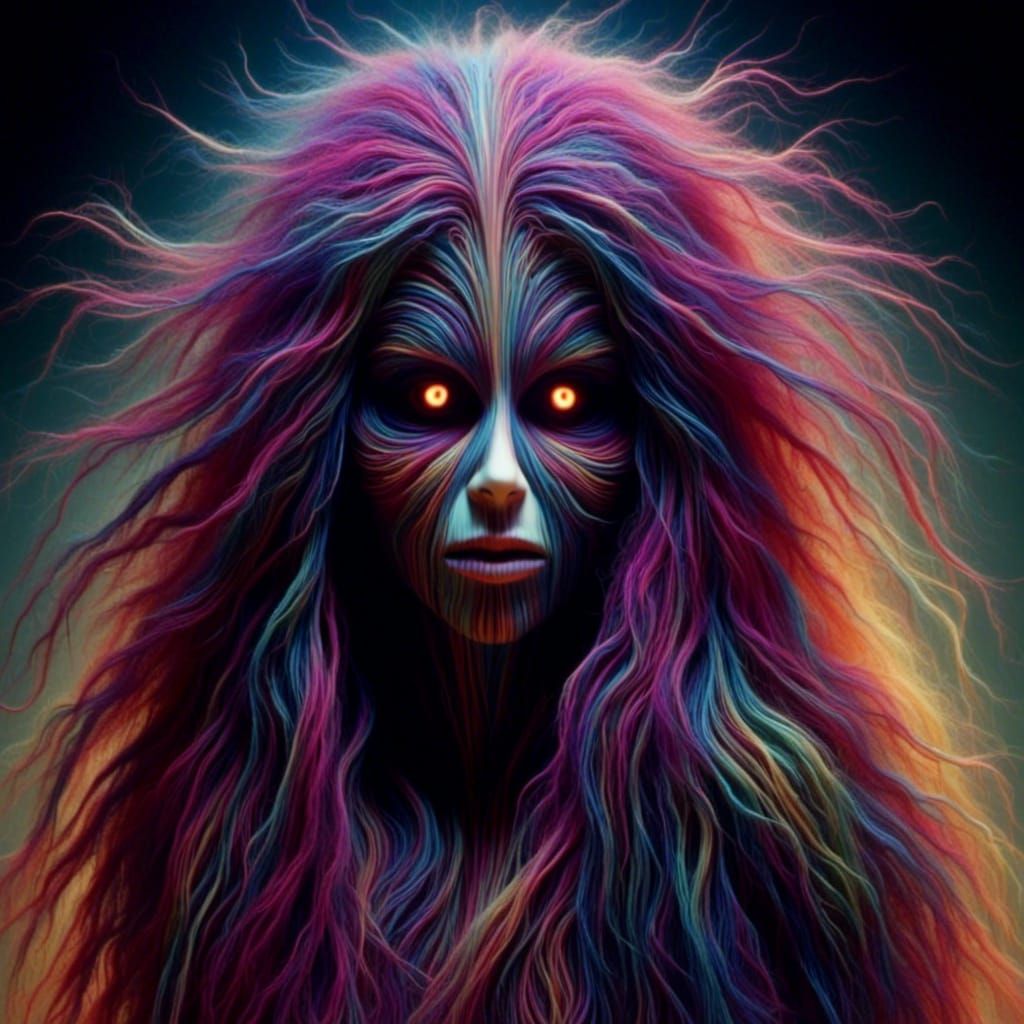 <lora:KaleidoFuzz:1.0>  a hyperrealistic image of a attractive woman in the style of Simon Bisley with a sinister mood and a more sinister b...