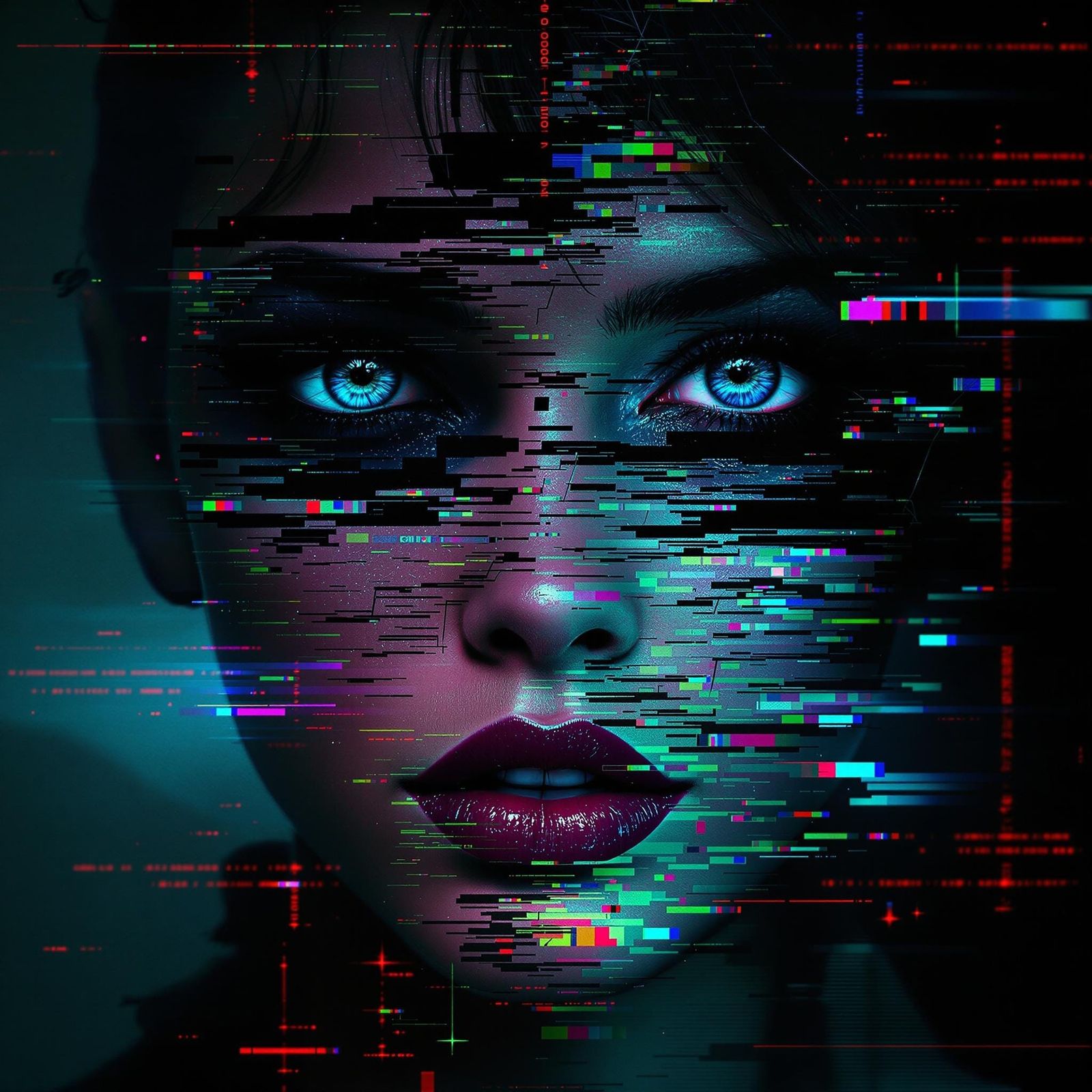 A haunting digital portrait of a gorgeous woman face mid-corruption, appearing glitched, fragmented, ...  by @Stratos