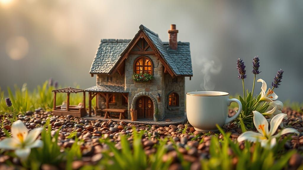 Miniature Medieval Coffee Shop in Fog, Macro Photography