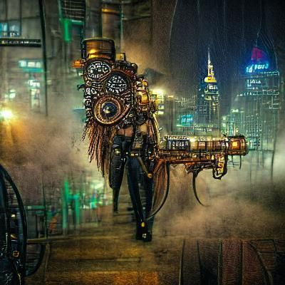 Detailed steampunk cyberpunk noir