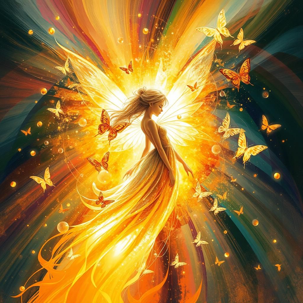 bubbles, golden flames, butterflies and rainbows, twisted and winding